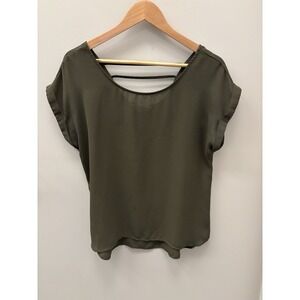 Pink Rose Women's L Blouse Olive Green Short Rolled Sleeves